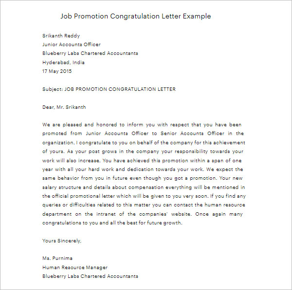 Promotion Congratulation Letter Template