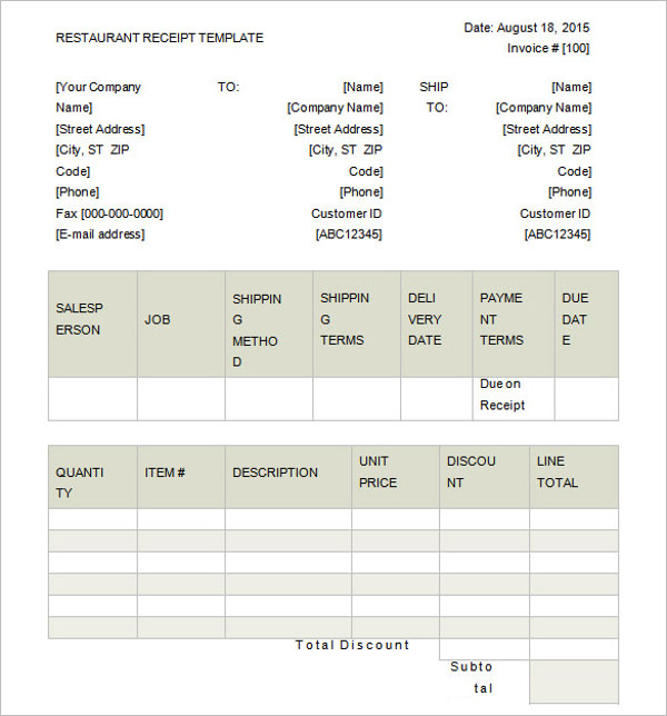 Restaurant Receipt Template Excel