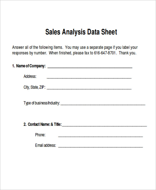 Sales Data Sheet Example