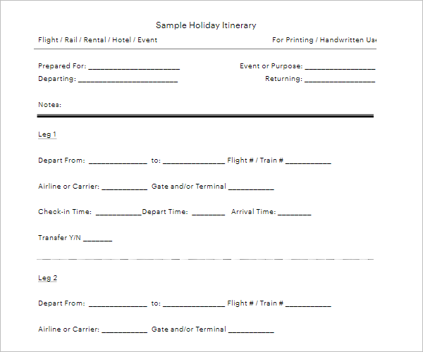 Sample Blank Holiday Itinerary Template