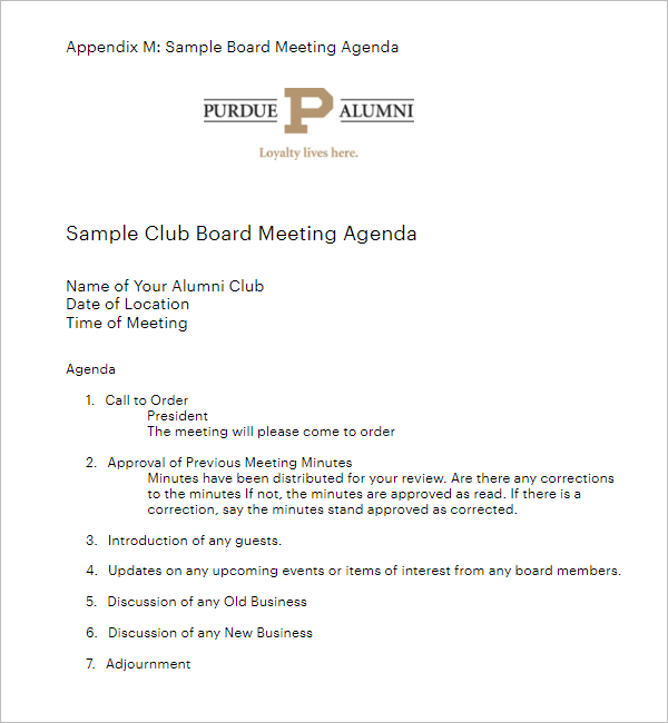 Sample Club Board Meeting Template