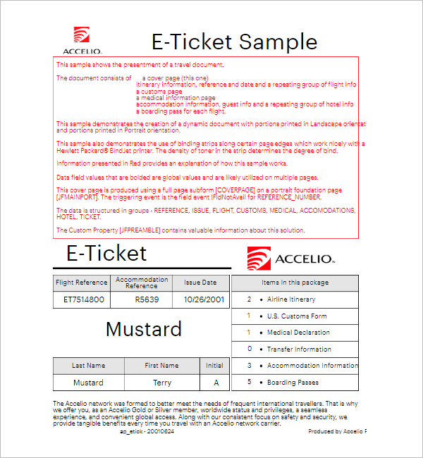 Sample E Ticket Itinerary Template