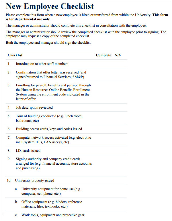 Sample New Hire Checklist Template