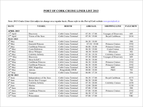 Sample Port Cruise Schedule Template