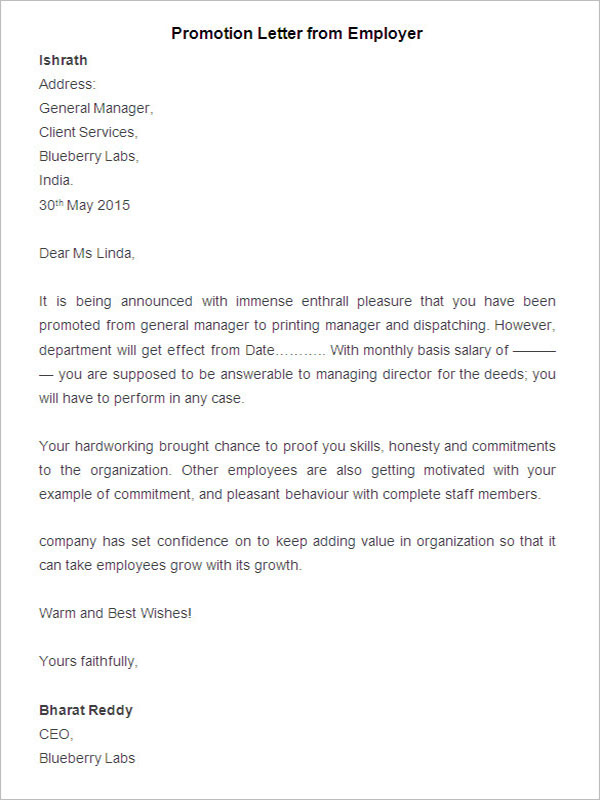 Sample Promotion Letter from Employee