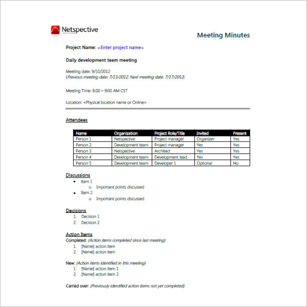 Team Meeting Minutes Format