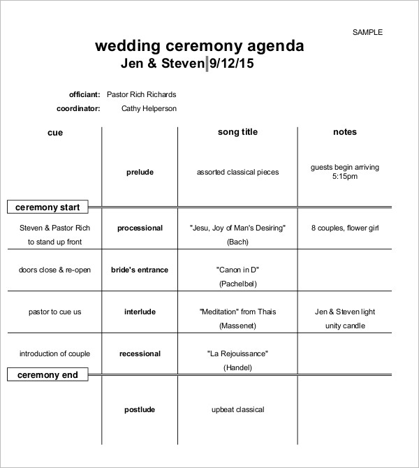 Wedding Ceremony Agenda Template