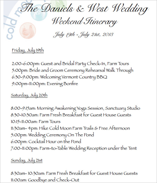 Weekend Wedding Itinerary Template PDF