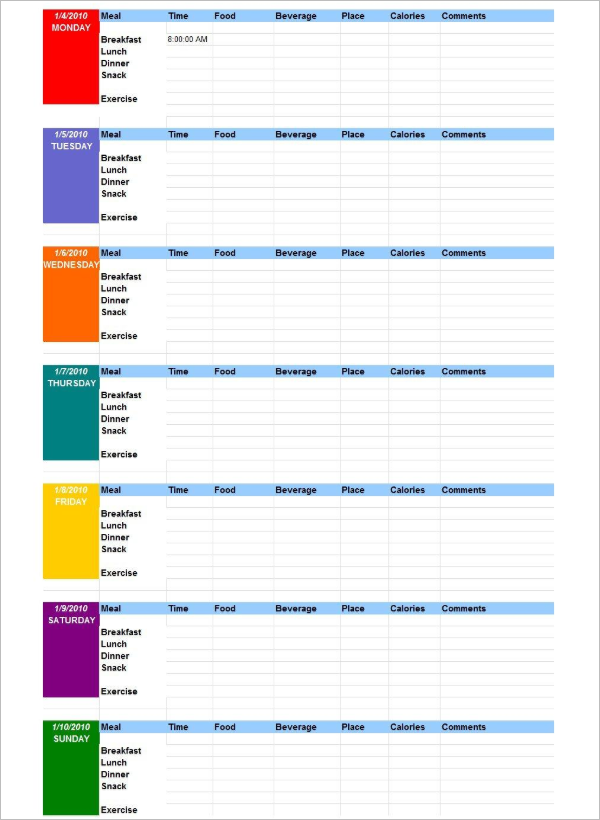 Weekly Food Log Template With Comments