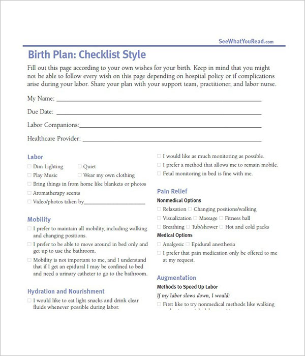 Birth Plan Sample