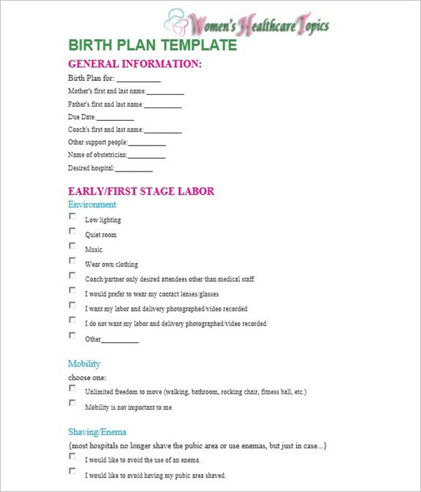 Birth Plan Worksheet