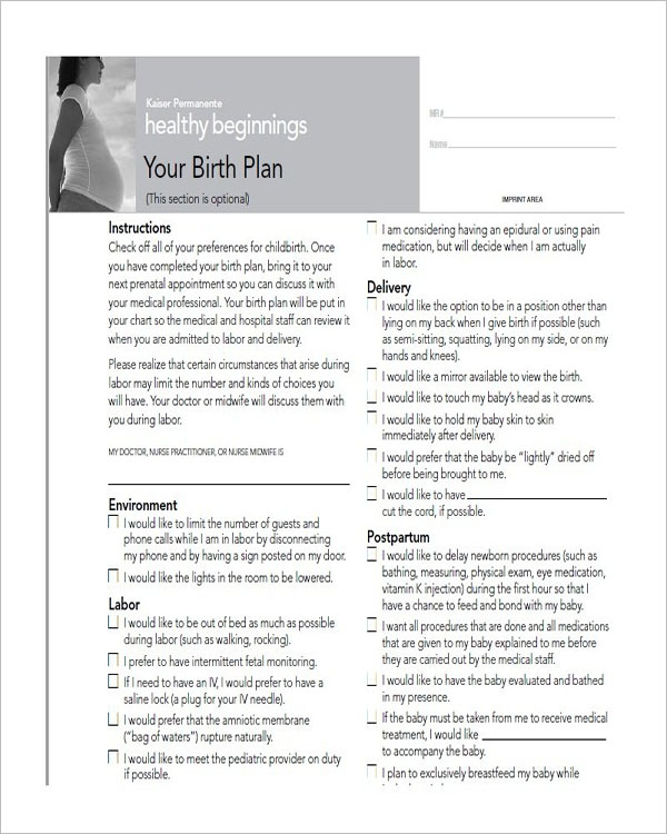 One Page Birth Plan Template