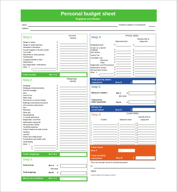 Printable Personal Budget Template