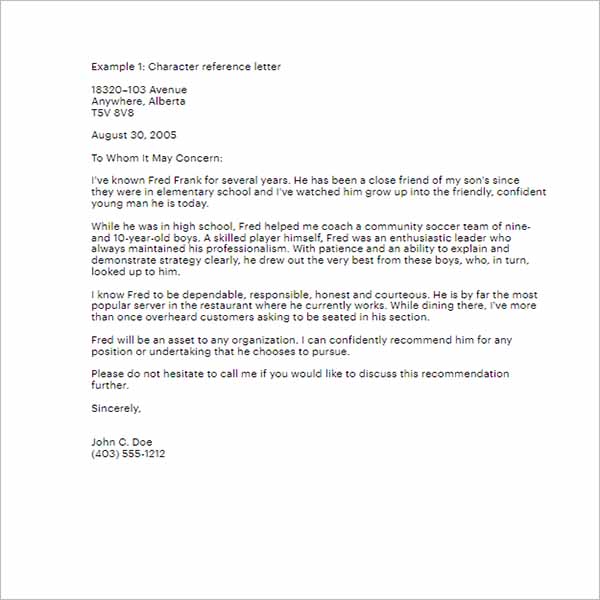 Character Reference Letter Sample
