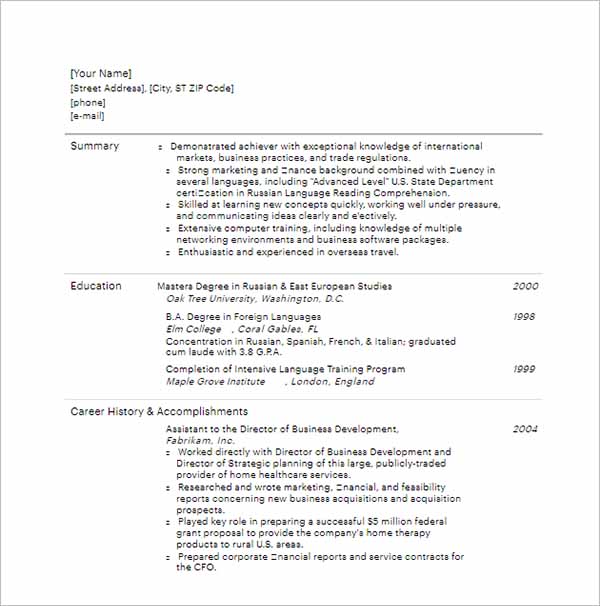 College Resume Outline Download