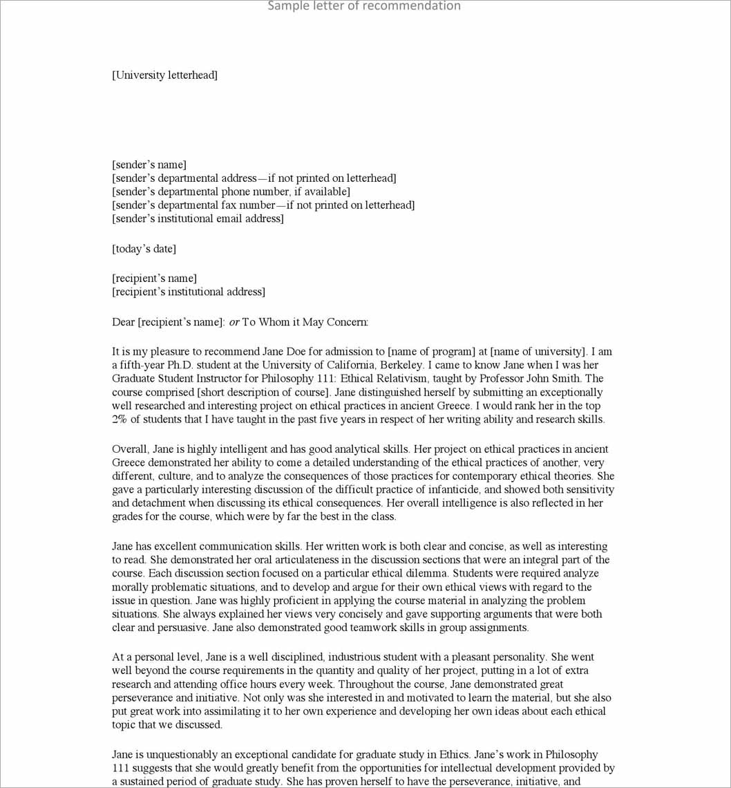 Letter For Recommendation Format