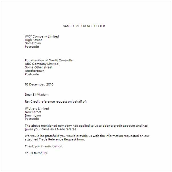Reference Letter For Credit Card