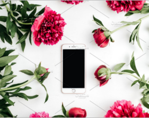 Cell phone in frame of peonies
