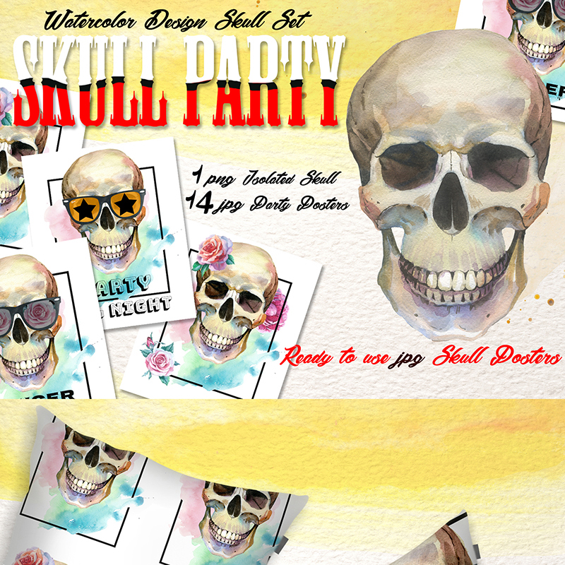 Skull Party Print PNG Watercolor Set Â  Illustration