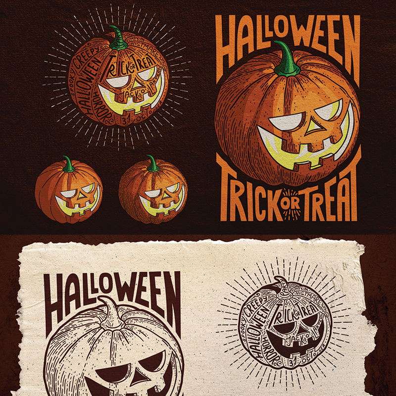 Halloween Pumpkin Engraving Style Illustration
