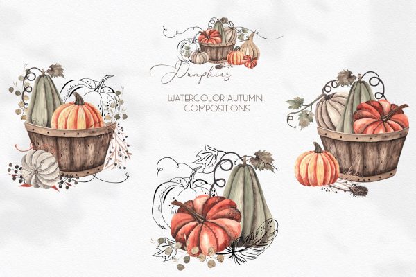 Watercolor Pumpkins in Autumn